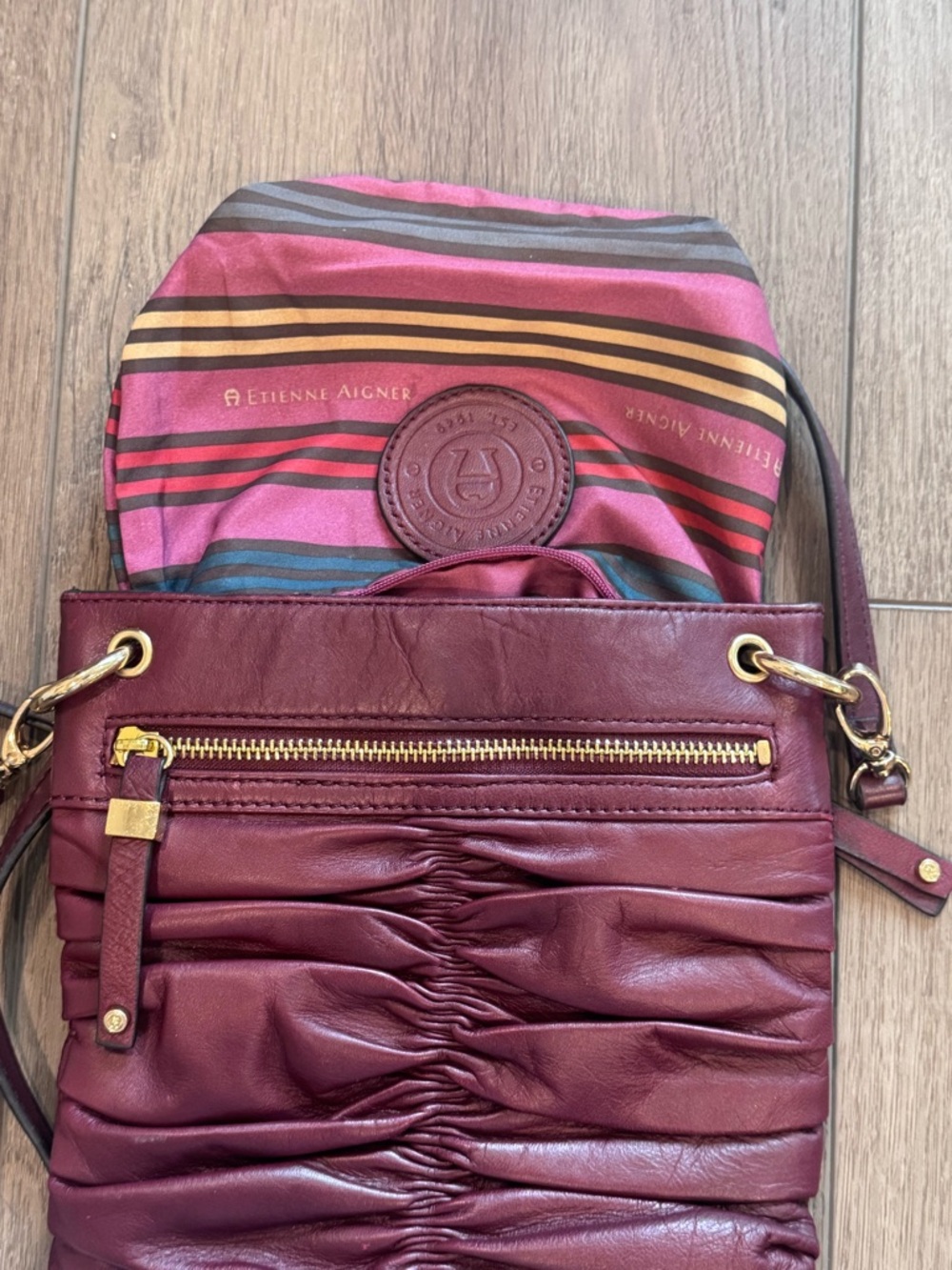 Etienne Aigner Burgundy Ruched Leather Crossbody with Gold Hardware - Picture 9 of 12